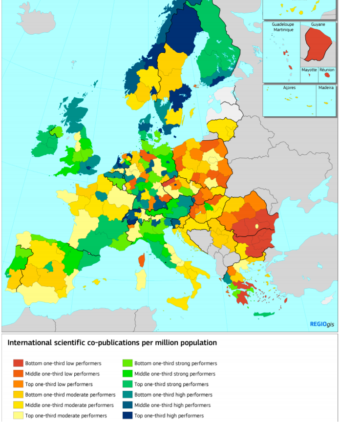 ​​EU data on co-authored scientific publications per million inhabitants puts the UK ahead of most other EU regions 