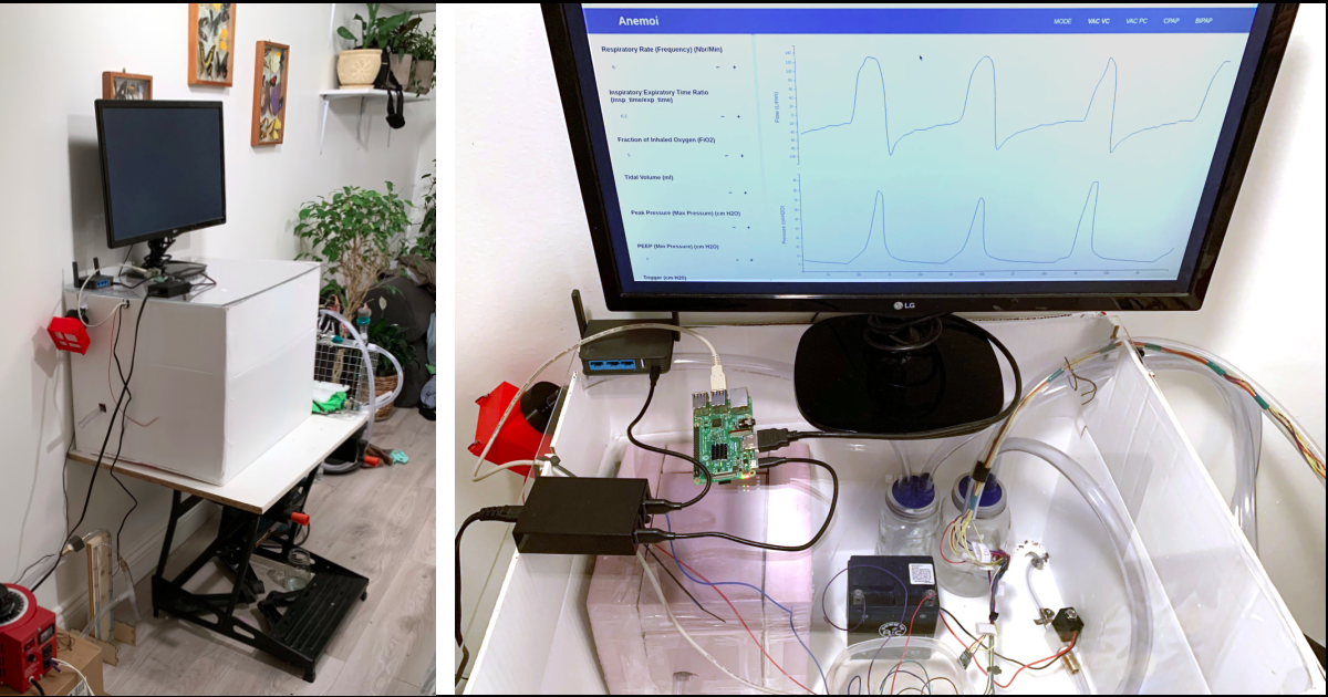 Left photo: The team tested its prototype with a noisy air compressor. “My neighbours must really be asking themselves what I’m doing,” Jean Romain Roy exclaims with a laugh. Right photo: The prototype developed in less than 10 days operates in several modes, generating full or assisted breathing for a potential patient. (Photos: Jean-Romain Roy)