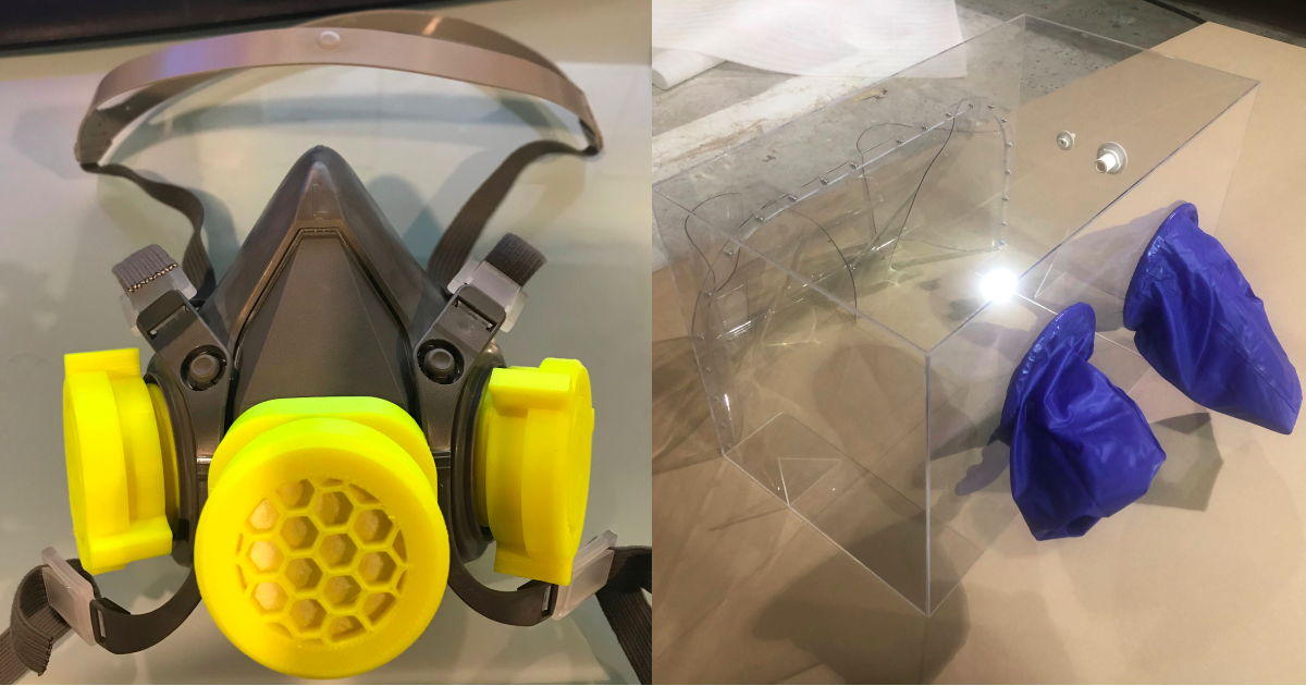 Among other things, SantéLibre's multidisciplinary teams have designed protective masks that work with refillable cartridges (left) and intubation boxes to protect hospital staff (right).