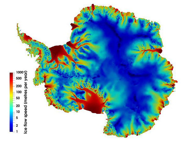 A simulation of Antarctica ice flow velocity. Image: Rupert Gladstone